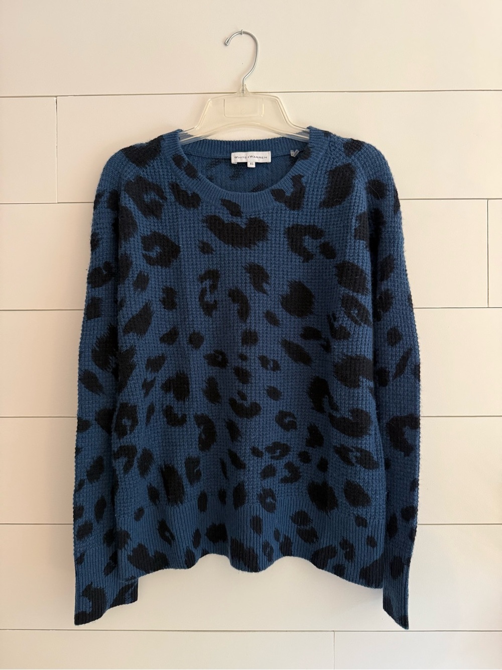 White + Warren Blue and Black Leopard-Print Crewneck Sweater
